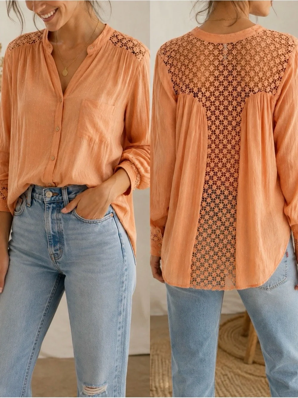 Free People Peach Crochet Lace Back Boho Blouse S